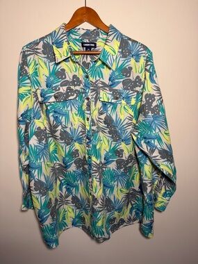 Lands End Linen Shirt Womens 2X Tropical Button Front Roll Tab Sleeve